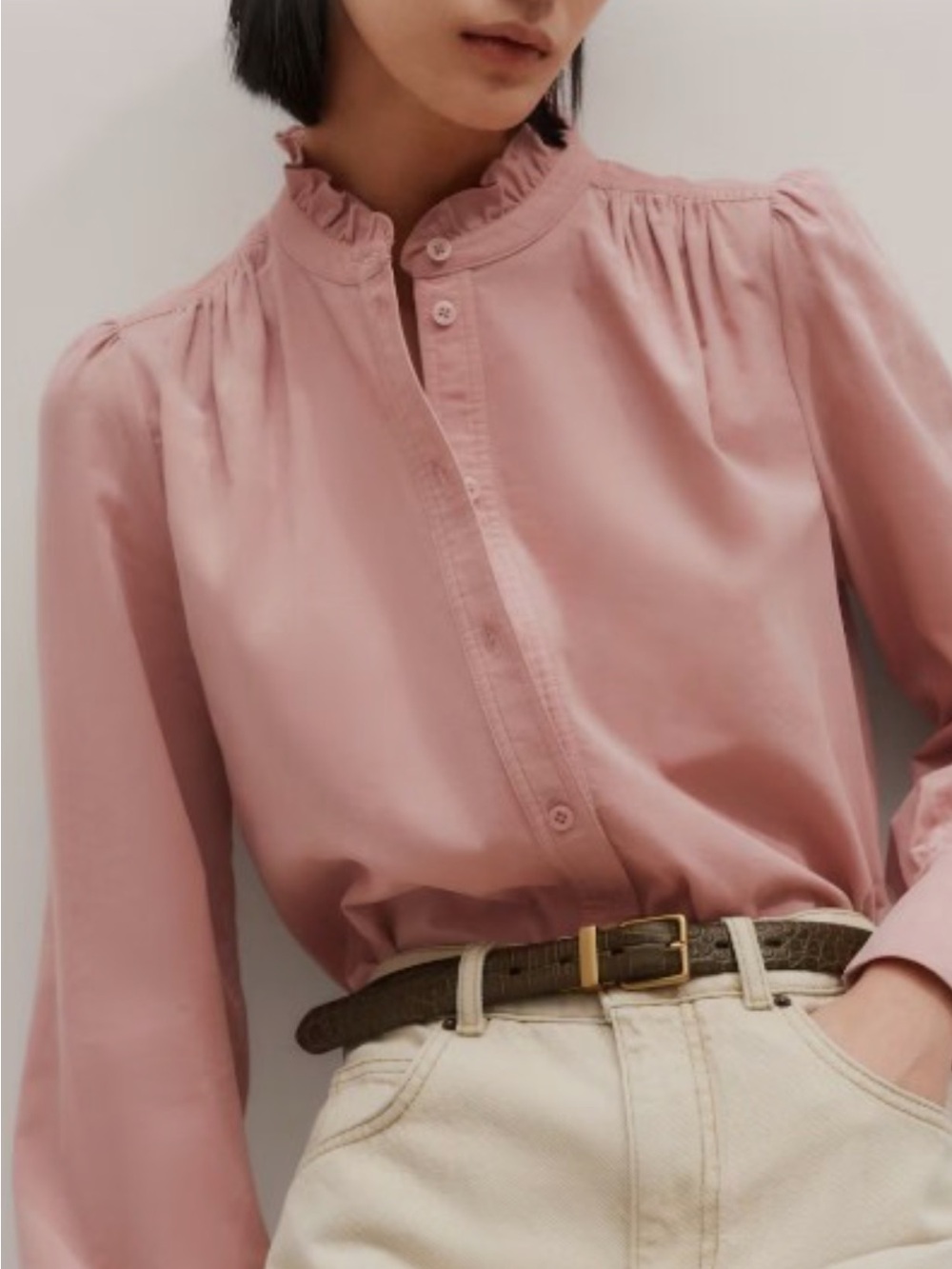 ME+EM Micro Cord Super Soft Pink Ruffle-Neck Button-Front Shirt